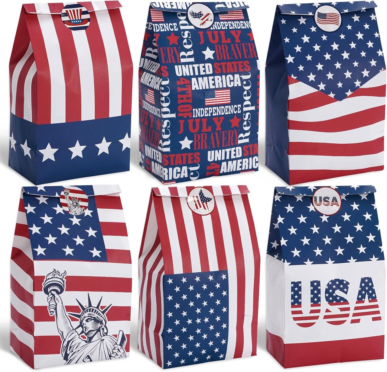 36 Pack Patriotic Treat Bags with Stickers American Flag Stars Stripes Paper Party Favor Bags 4th of July